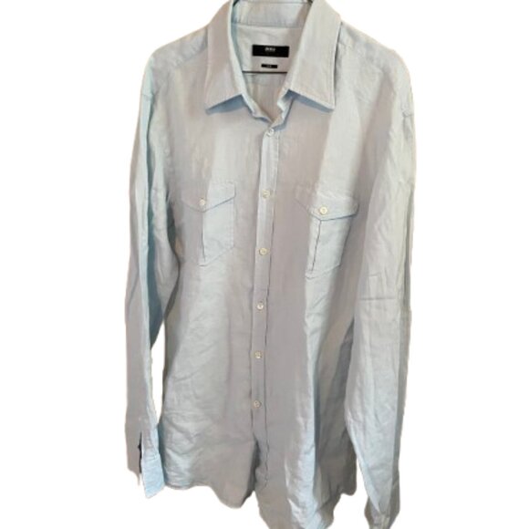 BOSS Hugo Boss Light Blue Button-Down Linen Shirt. Slim  Size: XL - Picture 2 of 15